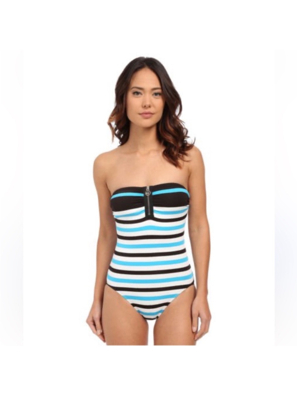 Michael Kors Striped Black, White & Aqua Bandeau One-Piece